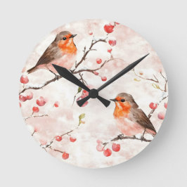 Waterverf vink in een besneeuwde winterboom en bes ronde klok