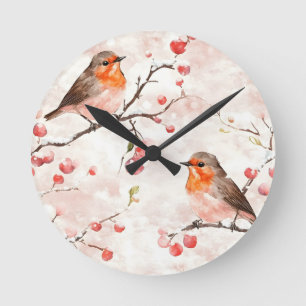 Waterverf vink in een besneeuwde winterboom en bes ronde klok