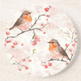 Waterverf vink in een besneeuwde winterboom en bes zandsteen onderzetter