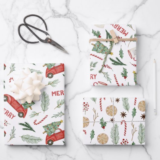 Waterverf Vintage Rode Auto Kerstbomen Inpakpapier Vel (Voorkant)