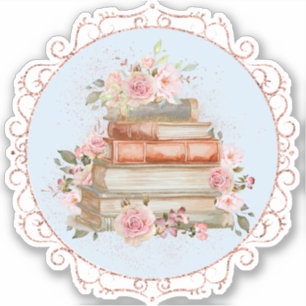 Waterverf Vintage Roze Rozen en Boeken Bloemstuk Sticker