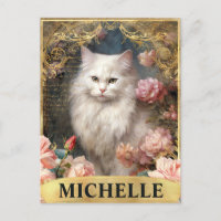 Waterverf Vintage Witte kat en roze rozen