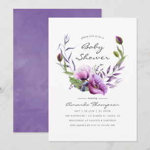 Waterverf Violet Poppy Floral Baby shower Uitnodig Kaart
