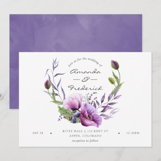 Waterverf Violet Poppy Floral Wedding Kaart (Voorkant / Achterkant)