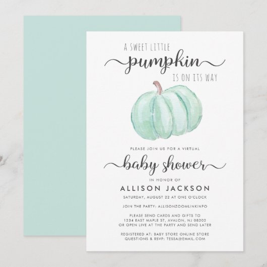 Waterverf Virtual Baby shower Mint Pumpkin Kaart (Voorkant / Achterkant)