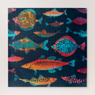 Waterverf Vissen: Deep Blue Naadloos Legpuzzel