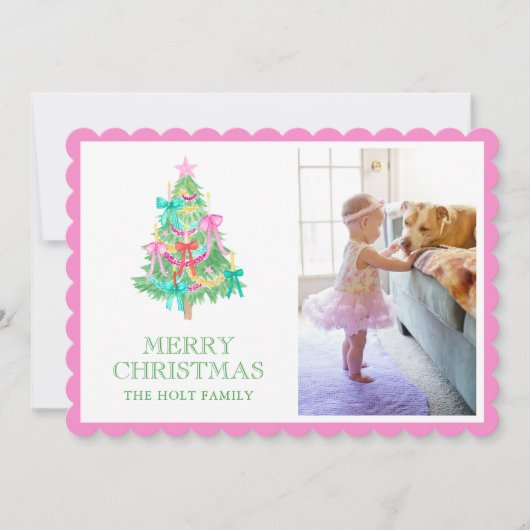 Waterverf Vivid Pink Bow Coquette Kerstfoto Feestdagenkaart (Voorkant)