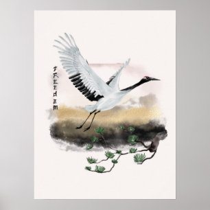 Waterverf vliegende kraan pine Freedom Japanse kun Poster