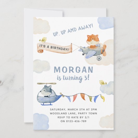 Waterverf Vliegtuig Leuke Dieren Verjaardagsfeest Kaart (Voorkant)