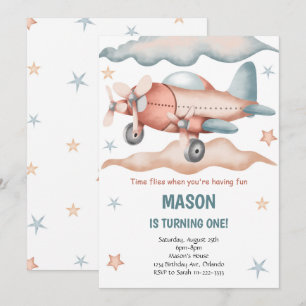 Waterverf  Vliegtuig Verjaardagsuitnodiging Kaart