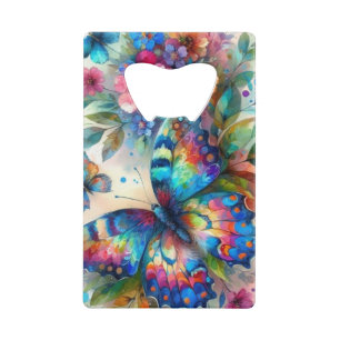 Waterverf vlinder bloembloemen blauw roze kredietkaart flessenopener