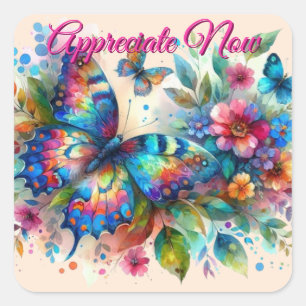 Waterverf vlinder bloembloemen blauw roze vierkante sticker