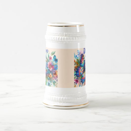 Waterverf vlinder bloementuin gepersonaliseerd bierpul (Center)