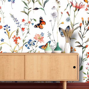 Waterverf Vlinder bloemig Behang