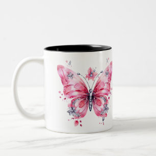 Waterverf vlinder Mok, roze Natuur geïnspireerd Tweekleurige Koffiemok