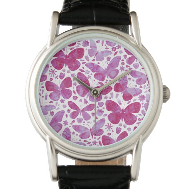 Waterverf vlinder roze horloge (Magenta pink and white watercolor butterfly pattern watch)