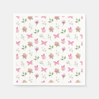Waterverf Vlinderbloem Roze Wit Baby shower Servet