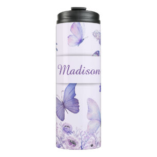 Waterverf Vlinders Bloemen Tuin Lilac Thermosbeker