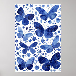 Waterverf Vlinders Indigo Blauw Poster
