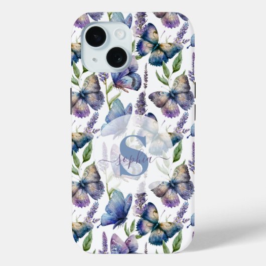 Waterverf Vlinders Wisteria Bloem Monogram Case-Mate iPhone Case (Achterkant)