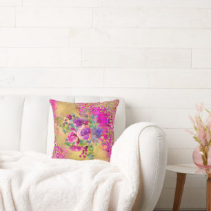 Waterverf Vloer Bouquet op Roze Glitter Kussen