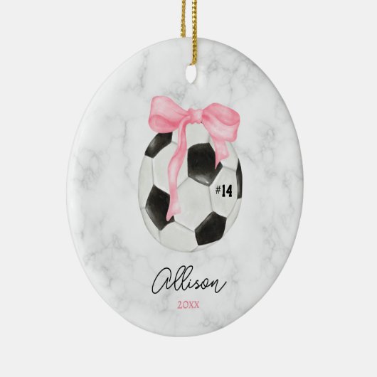 Waterverf Voetbal met Roze Coquette Bow Keramisch Ornament (Rechts)
