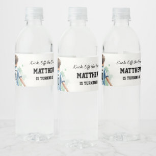 Waterverf Voetbal Verjaardagsfeest Waterfles Blauw Etiket