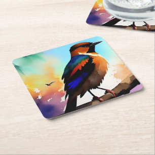 Waterverf vogel in de tak vierkante kartonnen onderzetter