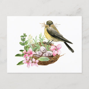 Waterverf Vogel op nestgebied met roze bloemen Briefkaart