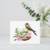Waterverf Vogel op nestgebied met roze bloemen Briefkaart (Staand voorkant)