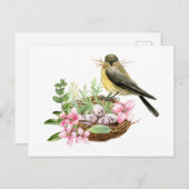 Waterverf Vogel op nestgebied met roze bloemen Briefkaart (Voorkant / Achterkant)