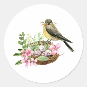 Waterverf Vogel op nestgebied met roze bloemen Ronde Sticker