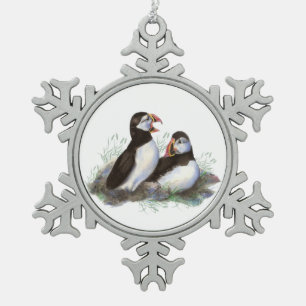 Waterverf Vogelfamilie in de Puffin Ocean Wildlife Tin Sneeuwvlok Ornament