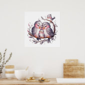 Waterverf vogelfamilie met kinder#2 poster (Keuken)