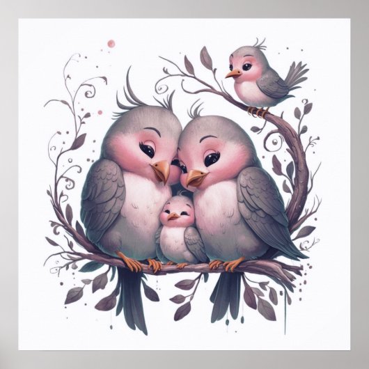 Waterverf vogelfamilie met kinder#5 poster (Voorkant)