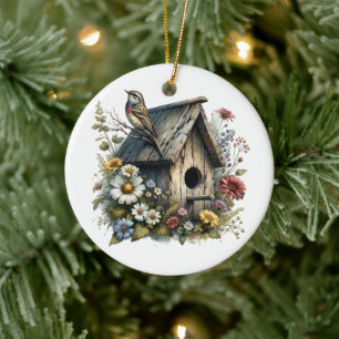 Waterverf Vogelhuis Gepersonaliseerde Kerst Keramisch Ornament