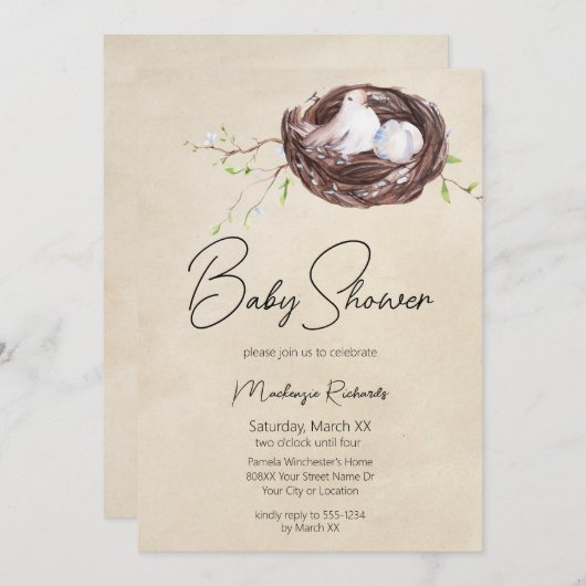 Waterverf Vogelnest en Eieren Vervaagd Perkament Kaart (Voorkant / Achterkant)