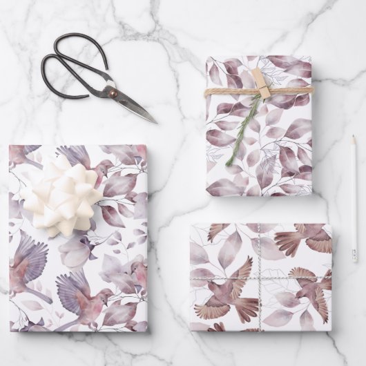 Waterverf vogels en bladeren in gemuteerde browsen inpakpapier vel (Voorkant)
