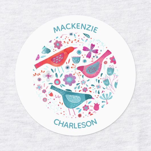 Waterverf vogels en bloemen Aangepaste naam Labels (Design 1)