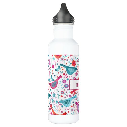 Waterverf Vogels en bloemen gepersonaliseerd Waterfles (Links)