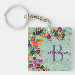 Waterverf vogels en bloemen op maat Sleutelhanger