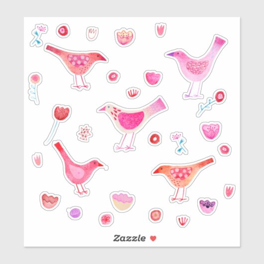 Waterverf vogels en bloemen Roze Sticker (Vel)