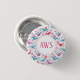 Waterverf vogels: helder monogram ronde button 3,2 cm