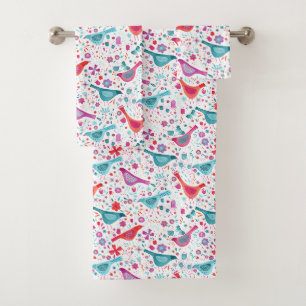 Waterverf Vogels in een Tuin Bloemen Teal Roze Bad Handdoek