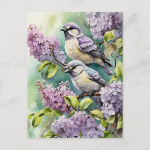 Waterverf Vogels met Bloeiende Lila Bloemen Briefkaart