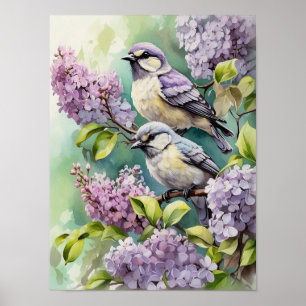 Waterverf Vogels met Bloeiende Lila Bloemen Poster