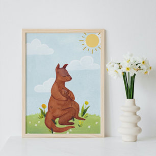 Waterverf volwassene en baby kangoeroe kinderkamer poster