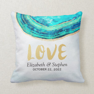 Waterverf voor bruiloft Blauwgroen en goudgetijden Kussen