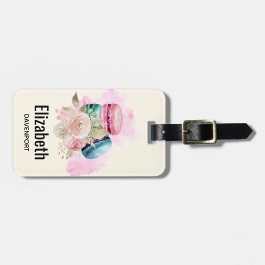 Waterverf voor kleurrijke Macarons en bloemen Bagagelabel (Voorkant horizontaal)