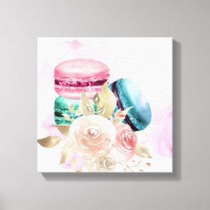 Waterverf voor kleurrijke Macarons en bloemen Canvas Afdruk